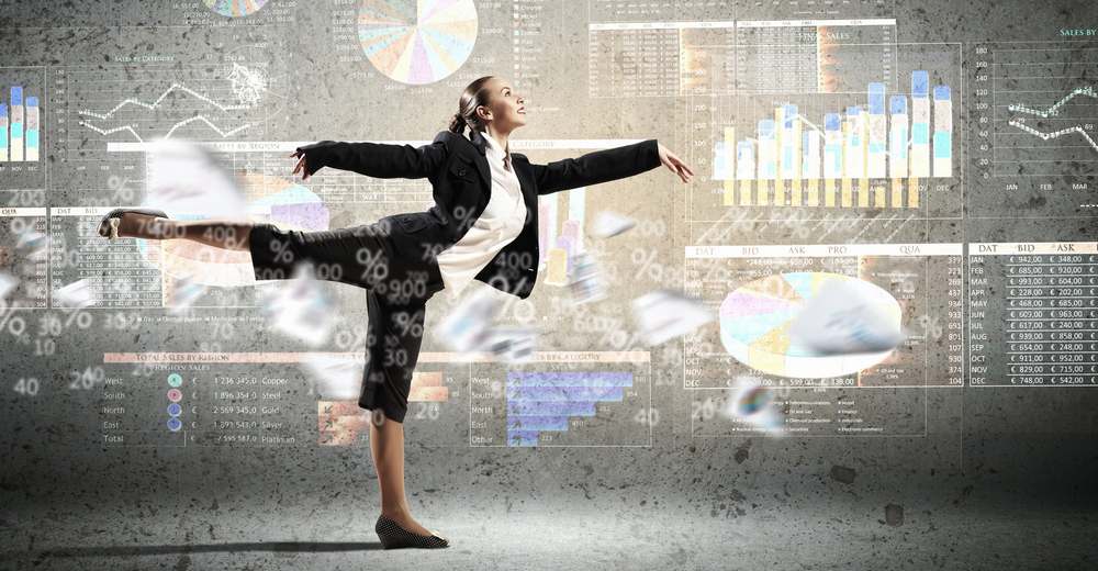 Image of pretty businesswoman jumping high against financial background