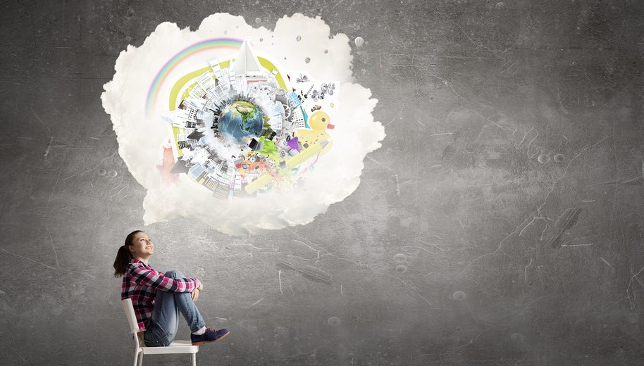 Teenager girl sitting in chair and cloud bubble above her head. Elements of this image are furnished by NASA